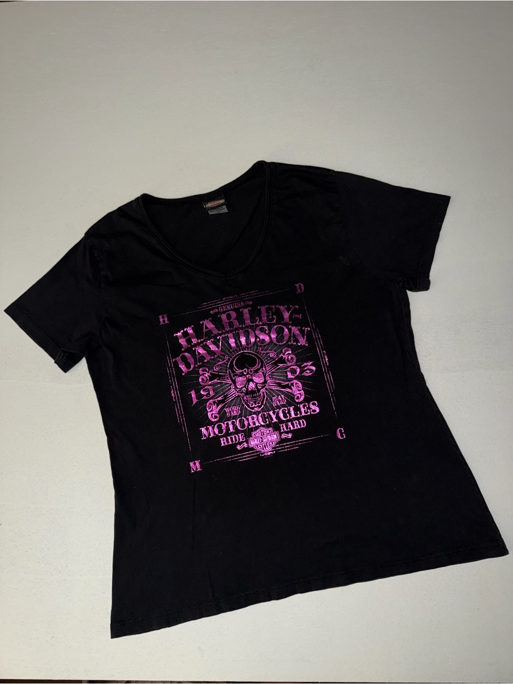 Womens 2XL Harley-Davidson McAllen, Texas Foil Skull Graphic V-Neck T-Shirt NWOT